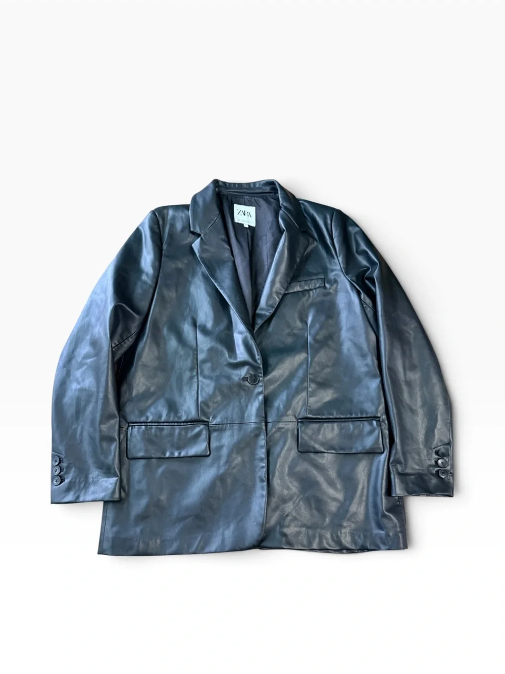 Zara Men’s Faux Leather Blazer Black Size Large Single Button Jacket